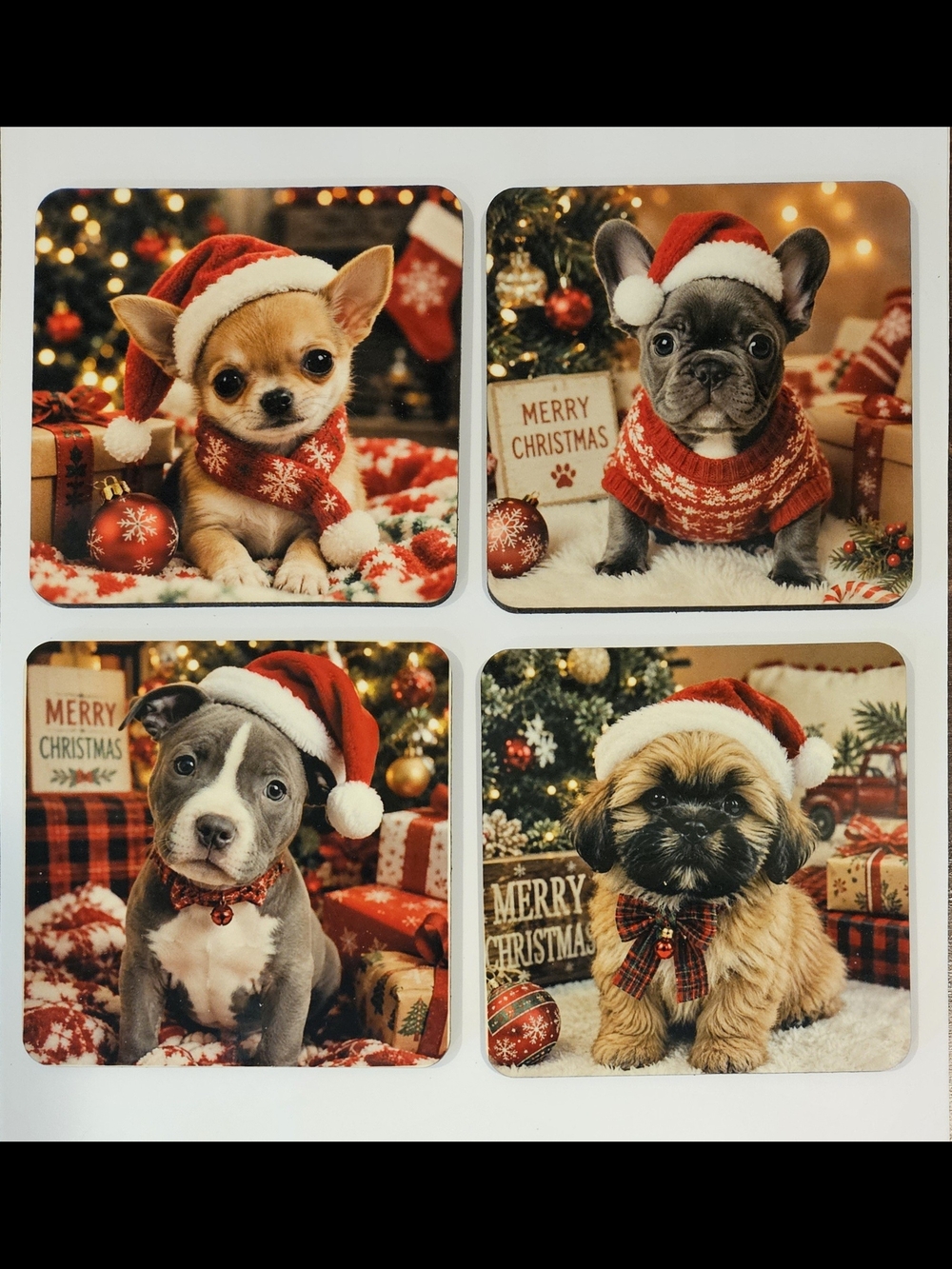 Holiday Puppy Coasters Set - Red Christmas Design